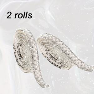 TEMU 2롤 자체 접착 진주 & 라인스톤 리본 - DIY 웨딩, 생일 파티 장식 및 공예용 우아한 진주 스트립