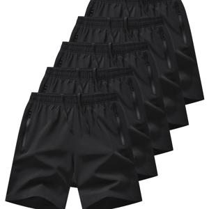 TEMU 남성용 단색 속건 반바지 5개, 캐주얼 비스트레치 신축성있는 허리 조절 끈 반바지, 여름 헬스장 운동 훈련용|남자반바지|남성반바지|헬스복