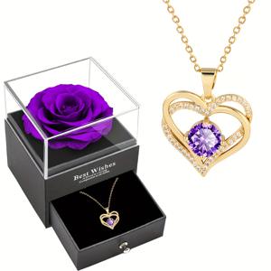TEMU 18K 금 도금 더블 하트 펜던트 목걸이, 보라색 합성 큐빅 지르코니아, 우아한 파티 스타일 구리 여성용 주얼리, 생일, 기념일, 데이, 추수감사절, 어머니, 아내, 딸, 여자 친구 선물에 이상적