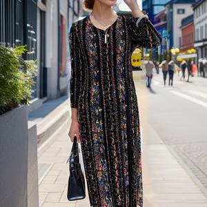 TEMU 1pc 우아한 플러스 사이즈 미디 드레스 - V넥 폴리에스테르 튜닉, 일반 소매, 플리츠 패턴 및 트라페즈 헤밍 - 모든 계절, 외출을 위한 고탄성 직물 원단.