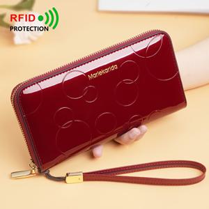 TEMU 마를레카리다 여성용 RFID 차단 가죽 느낌 지갑 핸드백 - 손목 스트랩 포함, 대용량 롱 지갑, 버건디 코리안 스타일 카드 홀더, 골드톤 지퍼 & 멀티 슬롯 정리함 (페인트 가죽, 한국 브랜드)