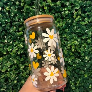 TEMU 1pc 데이지 꽃 프린트 유리 물컵, 뚜껑 및 빨대가 있는 500ml/16.9oz 병 모양의 음료컵, 아이스 커피, 차, 주스, 우유에 적합, 조립이 필요하지 않습니다, 이상적인 생일 선물로 적합합니다