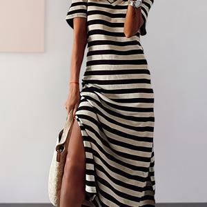 TEMU 여성용 스타일리시한 블랙 앤 화이트 맥시 드레스, 하이 슬릿, 반팔, 루즈핏, 폴리에스터, 봄/여름/가을에 완벽한 캐주얼 의상|루즈핏 드레스|폴리에스터 드레스|여름원피스|여성원피스|인견원피스