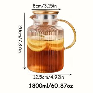 TEMU 뚜껑과 손잡이가 있는 1개의 유리 물병 - 68oz, 1800ml 현대적인 수직 줄무늬 디자인, 보로실리케이트 내열 유리 병, 뜨거운/차가운 음료, 아이스티, 커피, 콜드 브루, 주스 및 우유에 적합 - 내구성 있고 재사용 가능한 투명한 우아한 디자인의 음료 디스펜서 | 열에 강한 유리