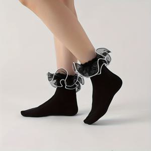 TEMU 1 쌍 여성용 블랙 레이스업 발목 양말, 꽃무늬 레이스 디테일링 - 신축성 있는 원단, 짧은 길이, 손세탁만, 캐주얼 의상용 패션 스타일, 귀여운 양말