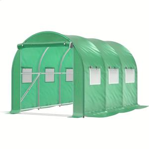 TEMU 후프 하우스 온실 터널, 갈바나이즈드 스틸 프레임, 그린 PE 커버, 롤업 지퍼 도어 및 6개 창문 포함 야외용