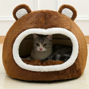 TEMU HOVICAED 곰 모양 고양이 침대 - 갈색 & 흰색 펫 하우스, 부드러운 쿠션 내부, 조립 불필요한 실내용 고양이 및 작은 강아지용 아늑한 침대, 컴팩트한 따뜻한 수면 텐트, 재미있는 디자인, 쉽게 세척 가능한 소재, 새끼고양이용