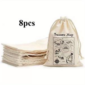 TEMU 8pcs 해적 주제 선물 가방, 보물 지도 인쇄 - 내구성 있는 원단 드로스트링 포켓, 할로윈, 크리스마스 및 파티 선물 - 모험 주제 선물, 축제 선물 가방, 생동감 있는 선물 가방, 내구성 있는 원단 가방