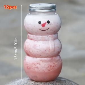 TEMU 12팩 18oz 스노우맨 플라스틱 주스 병, 뚜껑이 있는 재사용 가능한 투명한 크리스마스 캔디 재스, 스무디, 우유 또는 기타 음료용