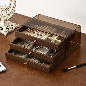 TEMU 빈티지 Walnut 보석 정리함 - 3단 대용량 투명 뚜껑, 반지, 귀걸이, 목걸이 및 액세서리용 다중 컴파트먼트 보관함, 러스티 우드 피니시, 여성에게 이상적인 선물, 보석 상자, 보석 상자
