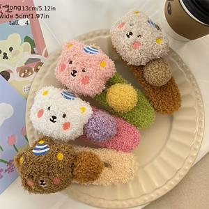 TEMU 4개 세트 가을 겨울 플러시 베어 귀여운 여성용 대형 덕빌 헤어클립, 고품질 내구성 인조 퍼 뒷머리 바레트 혼합 컬러 - 일상 출퇴근, 캐주얼 & 특별한 날에 적합. 편리한 미끄럼 방지 두꺼운 홀드 헤어핀|머리핀