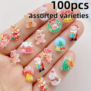 TEMU 100개 귀여운 미니 수지 크리스마스 참 혼합 세트 - , , 곰, 눈사람, 크리스마스트리, 순록 네일아트 액세서리, 휴일 DIY 주얼리와 네일 장식에 적합, 무취, 축제용 , 핸드메이드 오너먼트, 스타일, 내구성 있는 참, 가벼운 액세서리, 장식품, 공예 애호가 필수