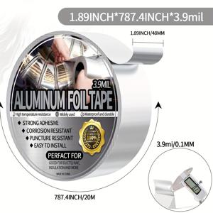 TEMU 알루미늄 호일 덕트 테이프, 고강도, 고온 밀봉 및 수리용, HVAC, 에어 덕트, 금속 수리, 폼 보드, 단열재, 건조기 벤트 등에 적합, 1.9인치 x 20야드, 실버색, 금속 수리 테이프,폼 보드 수리,내구성 있는 접착제,내열 테이프,강화 테이프,다용도 테이프,절연 테이프
