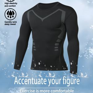 TEMU 남성용 고탄성 빠르게 건조되는 통기성이 좋은 긴 소매 라운드 넥 압축 티셔츠 (체육관 피트니스 트레이닝용)