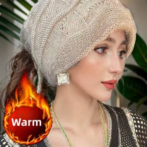 TEMU 우아한 니트 끈 달린 비니, 부드러운 플러시 울 겨울 따뜻한 모자, 여성용, 도시 테마, 데이 선물