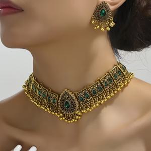TEMU 라인스톤 악센트가 있는 우아한 빈티지 스타일 주얼리 세트 - 여성용 목걸이 & 귀걸이, 파티, 프롬, 일상적인 글램에 완벽함