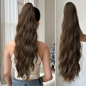 TEMU 다크 브라운 블랙 클로 모양의 포니테일 익스텐션, 라이트 브라운 24인치 워터 웨이브 내열성 섬유 합성 포니테일 가발, 여성용 일상용 짧은 머리 액세서리에 적합