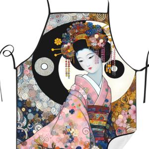 TEMU 빈티지 일본 게이샤 앞치마, 100% 폴리에스테르 짠 직물, 약간의 신축성, 남성 및 여성용 패턴 요리 앞치마, 190gsm, 짠 디테일
