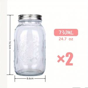 TEMU 730ML/1000ML 용량의 일반 뚜껑이 있는 두 개의 유리 메이슨 자, 투명하고 휴대가 간편하며, 통조림, 발효, 절임, 식사 준비, 오버나이트 오트밀, 잼, 과일 및 간식, 주방 보관 상자 및 주방 액세서리에 적합한 재사용 가능한 둥근 유리 병입니다.