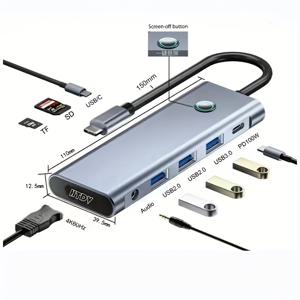 TEMU USB C 허브 멀티포트 어댑터: 맥북 아이패드 프로 에어용 9 in 1 독 - USB-C 스플리터, 원키 스크린 전환 버튼, 4K@60Hz, PD 100W, SD TF 카드 리더 & 오디오 포트, 노트북 연결성, 작업 공간 설정, 컴팩트 디자인, 모던 테크 액세서리, 고속 전송, 견고한 어댑터, 스마트 커넥터, 원격 근무자, 테크 애호가