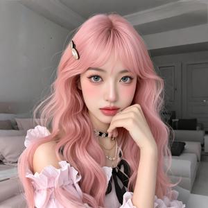 TEMU 여성을 위한 핑크색 긴 커리 시스틱 웨이그, 직선한 프론트 헤어 - 열 저항성 섬유, 코스프레, 파티 및 할로윈 의상에 이상적, 조절 가능한 캡, 코스프레 웨이그|커리 웨이브 웨이그|열 저항성 웨이그