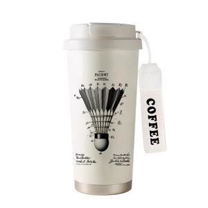 TEMU 500ml 배드민턴 테마 이중벽 진공보온컵 - 빨대 & 누수방지 뚜껑, 휴대용 핫/콜드 텀블러 (사무실, 스포츠, 야외용) - 화이트&골든 디자인, 발렌타인데이·생일·어버이날 선물로 완벽한 내구성(베이스볼, 럭비, 테니스 사용가능)