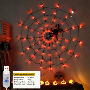 TEMU 할로윈 LED 거미줄 조명, 추가 거대 거미 액세서리 포함, 70개의 LED 조명, 거대한 거미 장식품 포함, USB 전원, 8가지 조명 모드, 폴리비닐 클로로이드(PVC) 소재, 광택된 금속 마감, 파티, 침실, 정원에 적합 - 거미줄 조명, 할로윈 배경 조명 - 공포 테마 디자인 - 거대한 거미를 사용하여 더 무서운 분위기를 조성