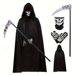 TEMU 4개 Grim Reaper 코스튬 세트 (성인용) - 긴 검은색 후드 망토, 해골 장갑, 해골 얼굴 마스크 & 갈대 망치 소품 포함 - 튼튼한 폴리에스터 할로윈 코스튬, 정교한 디자인으로 스토리 테마 파티, 할로윈 코스튬, 테마 파티 의상에 적합|마스크
