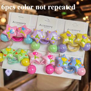 TEMU 6pcs Y2K 달콤한 귀여운 다섯 개의 별 모양 비즈 헤어 타이/과자 색상 만화 손그림 꽃 별 헤드 로프/고 탄성 고무 밴드/남녀 공용 선물