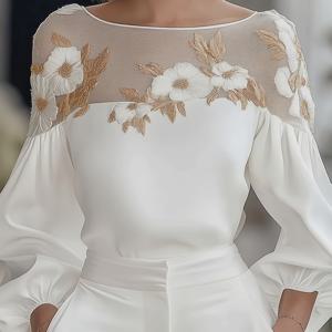 TEMU 여성용 우아한 꽃무늬 자수 블라우스 - 긴 소매, 라운드 넥, 가벼운 폴리에스터, 봄/여름/가을 야외 활동에 완벽한, 꽃무늬 자수 블라우스