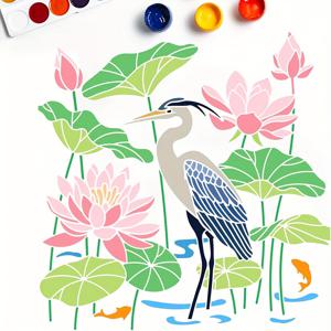 TEMU 1pc Heron for Lotus Stencil, 14인치 재사용 가능한 스플링 스타일 여름 연못 풍경 스텐실, 대형 코이 물고기 로터스 잎 스텐실, 습지 새 벽 스텐실, 공예 및 가정 장식에 적합