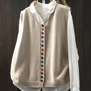 TEMU 레트로 우아한 컬러풀 버튼 V넥 조끼, 루즈 슬리브리스 가디건, 가을 겨울 다용도 레이어링 아우터웨어 스웨터, 여성용 YT