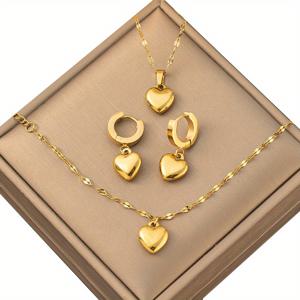 TEMU 4pcs 골든 하트 주얼리 세트, 정교한 복숭아 하트 디자인, 18k 골드 도금, 매끄럽고 변색 방지, 데이트, 파티 등에 완벽, 우아하고 스타일리시한 여성 액세서리 선물
