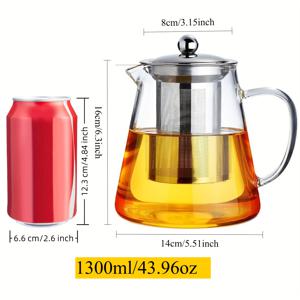 TEMU 1개 대용량 유리 찻주전자, 두꺼운 내열 디자인, 가정용, 750ml/950ml/1300ml 스테인리스 스틸 필터 포함, 식기세척기 사용 가능, 루스 리프 차, 장미잎, 고지 베리, 허브 차에 적합