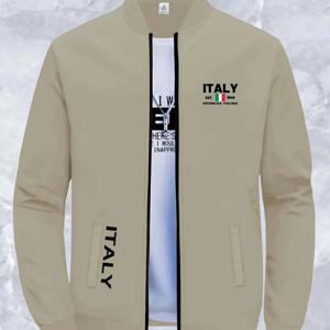 TEMU 남성용 이탈리안 자켓 - 베이지색 지퍼업 코트, ITALY 레터링, 야구넥, 폴리에스터 안감 - 일상 및 특별한 날을 위한 포멀/캐주얼 아우터웨어 - 가을/겨울 코트, 모던 지퍼업, 세련된 디자인
