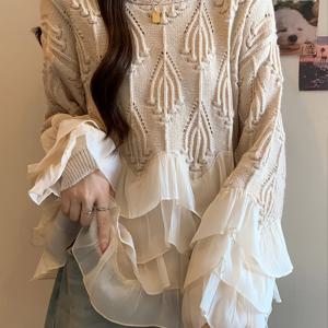 TEMU 핸드 크로셰 장식 쉬폰 멀티 레이어 케이크 패치워크 탑, 우아하고 패셔너블한 편안한 캐주얼 빈티지 풀오버 스웨터