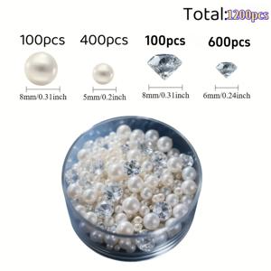 TEMU 1200개 인조 진주 및 라인스톤 세트 - 우아한 화병 장식, 홈 데코, 테이블 센터피스, 결혼식, 생일, 프로포즈, DIY 공예, 이스터 파티 장식, 인공 보석 | 활기찬 테이블 장식 | 아크릴 보석, 화병 필러 장식