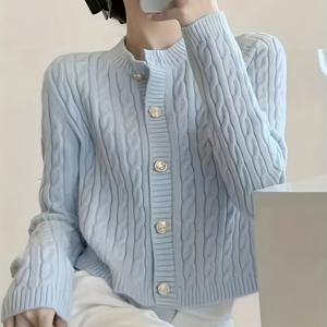 TEMU 여성용 연한 파란색 케이블 가디건 - 버튼 프론트가 있는 편안한 긴팔 스웨터, 캐주얼 가을 & 봄 아우터웨어, 부드러운 원단, 캐주얼 의상에 완벽함, 스웨터 가디건