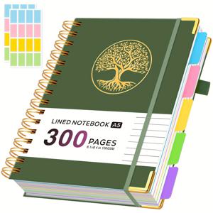 TEMU 5과목 대학용 줄자 노트, 300페이지, 하드커버 스파이럴 제본 저널, 탈착식 칸막이 & 탭, 스티커 2장, A5 줄자지, 6.1