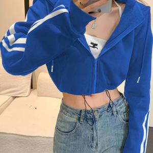 TEMU 여성용 우아한 숏후드 자켓 - 풀지퍼 & 조절가능한 허리끈, 대비되는 화이트 파이핑, 라운드넥 겨울코트 (블랙/화이트) / 사계절 캐주얼룩·패티·데일리웨어에 완벽한 DIY 레이어링 아우터(기계세탁), 스타일과 품질을 겸비한 내구성 있는 소재