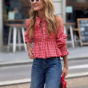 TEMU 여성용 레드 & 화이트 체크무늬 스모크 셔츠 - 사계절 캐주얼 블라우스, 퍼프형 반팔과 스탠드칼라가 있는 버튼업 디자인, 매일착용하기 좋은 세탁기사용 데일리&세미포멀룩, 편안한 핏의 논스트레치 소재와 체크패턴으로 제니즈나 원피스에 활용도 높은|인견원피스