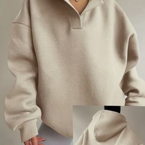 TEMU 여성용 소프트 V넥 긴팔 후드티 - 캐주얼 풀오버, 대조적인 칼라, 루즈핏, 단색, 사계절용 편안함, 캐주얼 웨어 후드티|V넥 후드티|소프트 텍스처 후드티