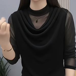 TEMU 여성용 우아한 하이넥 티셔츠, 레이어드 러플 헴 & 메쉬 백 - 솔리드 블랙 슬림핏 반팔 탑, 세탁기 사용 가능한 부드러운 원단, 높은 탄성으로 봄 여름 가을 캐주얼 & 트렌디한 의상, 시즌 패션, 스타일리시 블라우스
