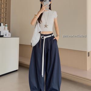 TEMU 여성용 우아한 곡선형 와이드 레그 팬츠, 탄력 있는 허리밴드 & 주름 디자인 - 봄/여름용 루즈핏 벨리커버링 바지, 캐주얼에서 반공식까지, 세탁기 사용 가능 (네이비 블루/블랙) - 아시아 스타일의 편안한 긴바지