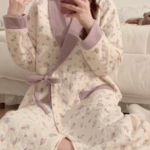 TEMU 여성용 가을 겨울 긴팔 플로럴 목욕복 나이트웨어, 따뜻하고 편안한 소프트 타이 업 칼라 수면드레스, 홈웨어 치마형 사랑스러운 패션|여성원피스|가을원피스|샤워가운
