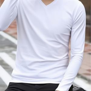 TEMU 남성용 고탄력 퀵드라이 V넥 긴팔 티셔츠 - 솔리드 컬러 운동복, 러닝/헬스/야외 스포츠용 | 세탁기 사용 가능, 슬림핏, 통기성 폴리에스터, 가을/겨울 필수품, 워크아웃 셔츠, 슬림 디자인, 신축성 소재, 액티브웨어, 피트니스 애호가용, 스타일, 내구성 있는 구조, 성능 티셔츠, 활동적인 라이프스타일