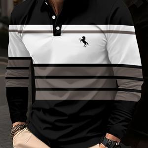 TEMU 남성용 긴팔 폴로 셔츠 - 3D 말 프린트, 올리브 그린 & 화이트 디자인, 캐주얼 골프 스타일, 레귤러 핏, 여름 착용, 캐주얼 골프 의상 | 폴로 셔츠 | 스트레치 원단, 폴로 서브라인, 말 프린트가 있는 긴팔 폴로 셔츠, 폴로 셔츠, 남성용 긴 스포츠 셔츠