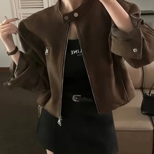 TEMU 여성용 레트로 모터사이클 자켓 - 숏 밥버 스타일 풀 지퍼 스탠드 칼라 바이커 코트, 풀 길이 지퍼 & 포켓, 캐주얼 사계절 아우터웨어 (모터사이클/스쿠터 호환) - 손세탁 가능한 숏 자켓|드레스