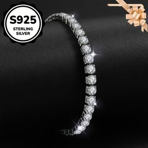 TEMU 925 실버 라인스톤 테니스 팔찌, 싱글 로우 풀 인레이 테니스 체인, 클래식 럭셔리 스타일 사계절용, 일상 착용 또는 선물에 적합, 데이 액세서리, 스타일, 올시즌 주얼리, 라인스톤 장식, 여성용 대형 사이즈 팔찌, 고품질 여성용 팔찌
