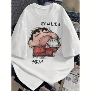 TEMU 미국 트렌디 브랜드 남성용 헤비웨이트 크레옹 그래픽 반팔 티셔츠 - 일본어 텍스트 & 만화 프린트, 블랙 스포티 스타일 셔츠, 루즈핏 여름 캐주얼 티, 편안한 일상복, 통기성 원단, 스트리트웨어 애호가를 위한 내구성 있는 디자인